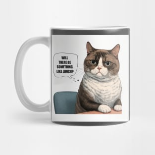 Illustration of cute cat sitting at the table in thought will there be something like lunch Mug